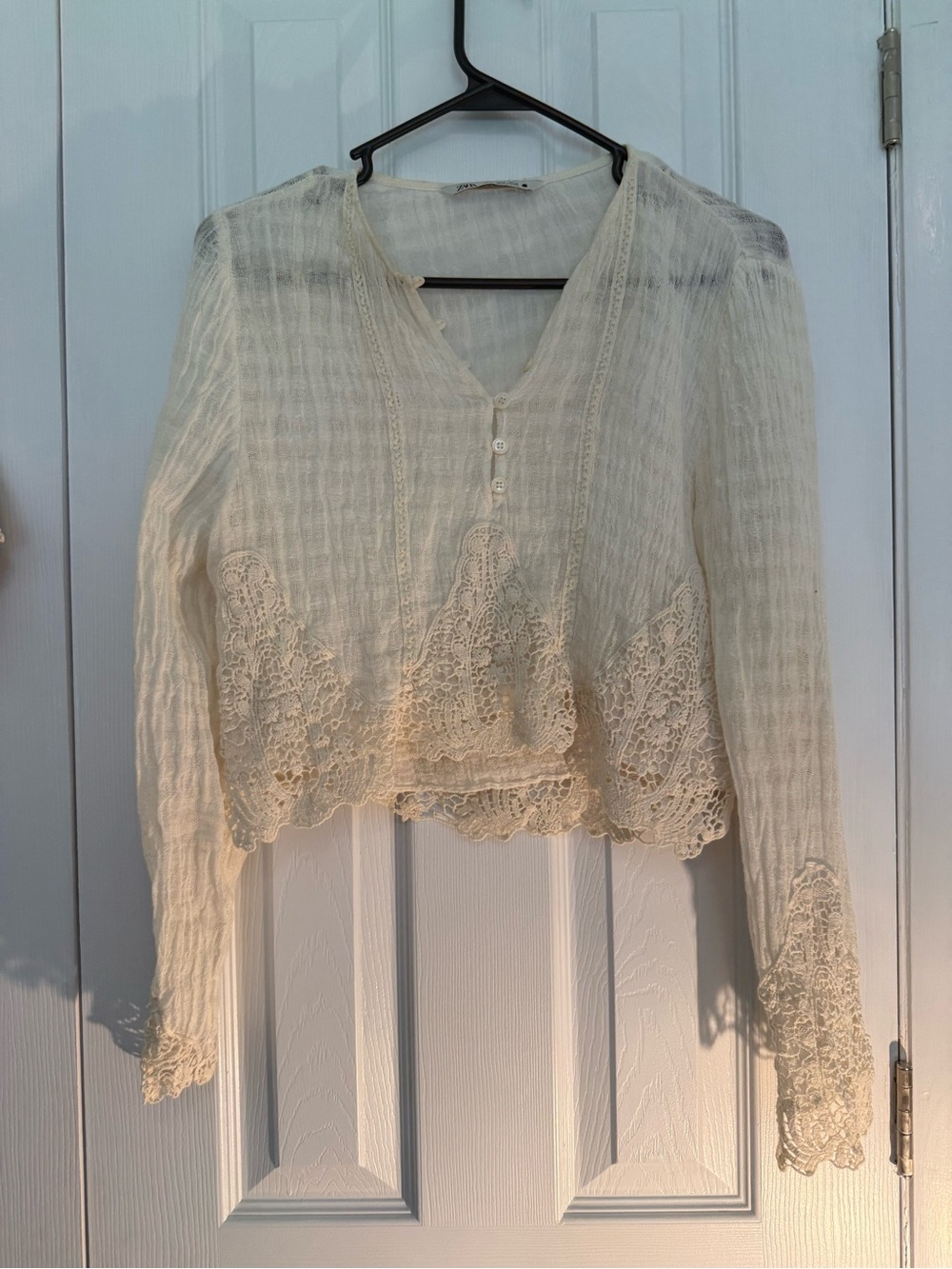 Zara Cream Crochet-Trim Cropped Blouse